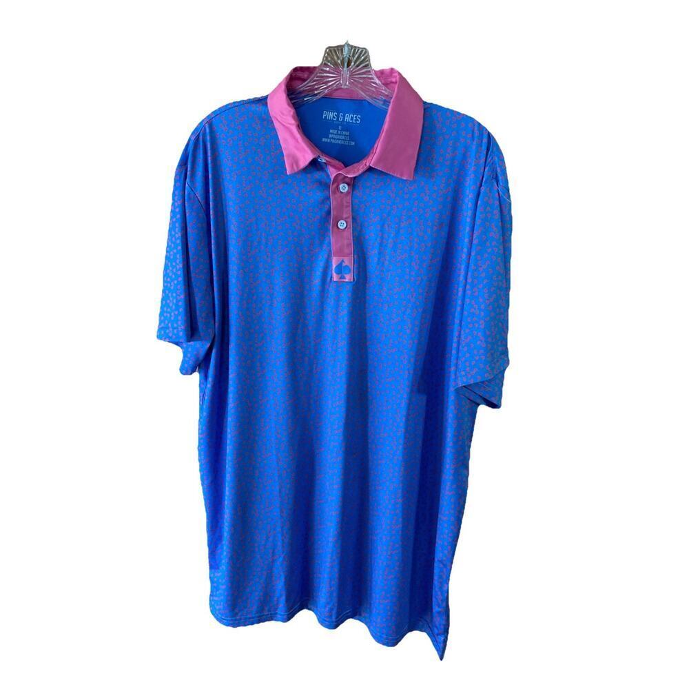 Pins‎ & Aces Polo Shirt Mens Sz XL Blue Pink Flamingo Golf Performance Spade